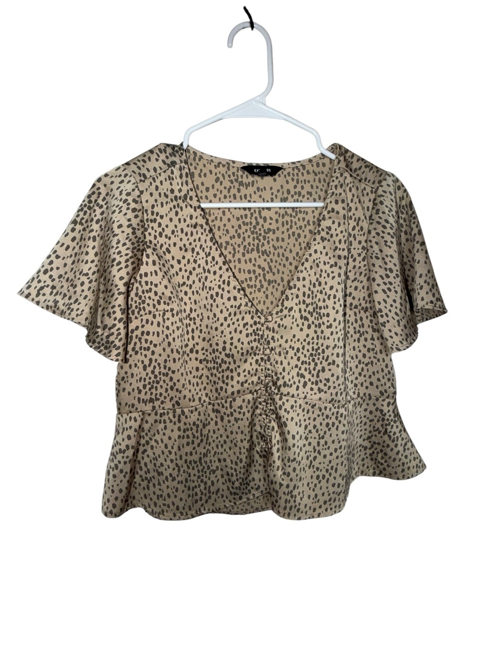 Express Beige and Black Animal Print V-Neck Flutter Sleeve Blouse